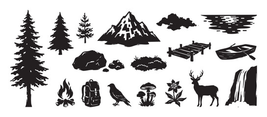 Obraz premium Collection of black outdoor adventure icons in a rustic woodcut style, featuring a mountain, pine trees, a deer, a campfire, and a boat for camping and hiking themes