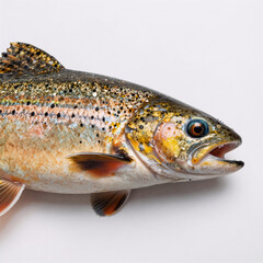 Close-up, side view of an isolated brown trout on a white background