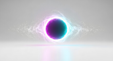 A vibrant purple and blue sphere with a glowing white aura, set against a gray background with a subtle reflection. – High quality realistic image, suitable for web and print design