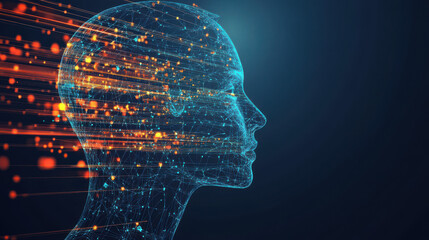 A futuristic digital illustration of a human head with glowing circuits