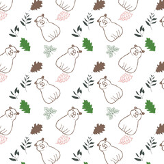 Pattern con capibara e foglie colorate, illustrazione vettoriale