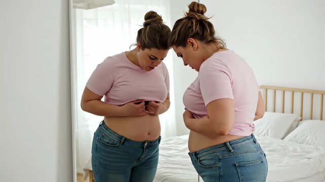 Unhappy plus size woman stands before a mirror in a bright bedroom, inspecting her midsection. She touches her stomach with concern, highlighting struggles with self-acceptance and obesity