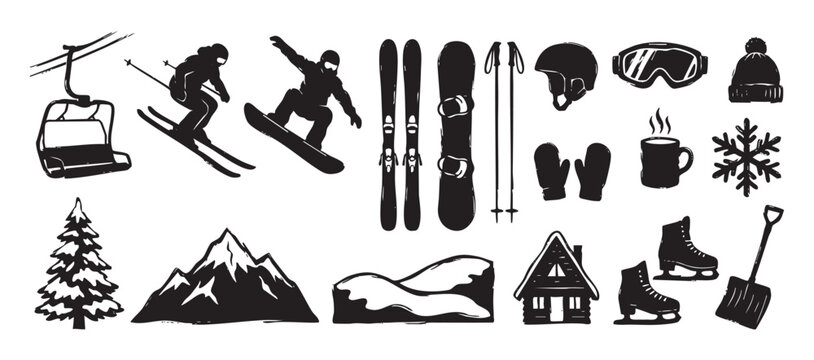 Set of black winter sport icons featuring a skier, snowboarder, ski lift, mountains, and equipment, all illustrated in a rustic hand-drawn grunge stamp style