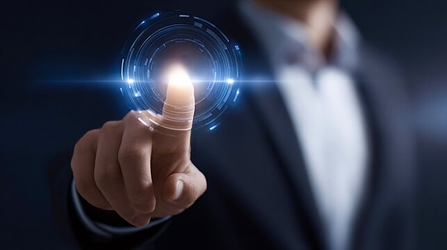 Businessman touching digital aei interface button on screen