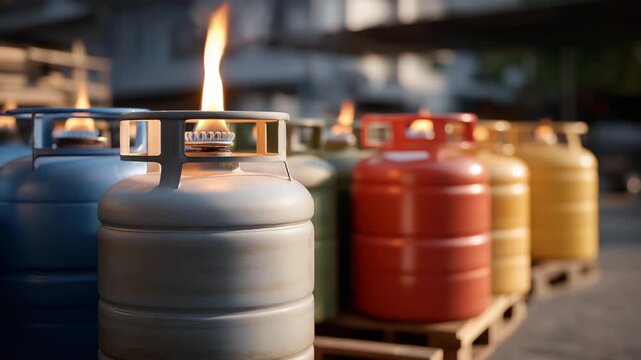 LPG gas bottle stack ready for sell at a fuel depot, rows of metal cylinders prepared for delivery, highlighting energy storage, industrial organization, and retail fuel supply. cinematic color