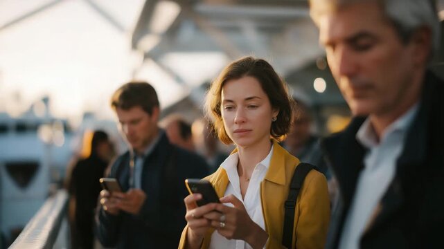 Passengers in professional attire walk down a jet bridge, each immersed in their smartphones, creating a bustling atmosphere just moments before taking off to their destinations. cinematic color