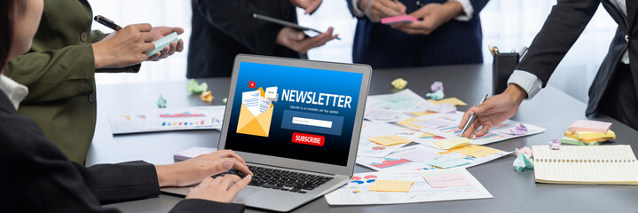 Analyst team use sticky note for creative and analytic brainstorm for business idea with BI data dashboard on laptop screen. Analysis financial data visualization tech for marketing strategy. Prodigy