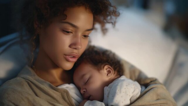 Realistic postpartum fatigue moment highlighting a mother&rsquo;s exhaustion balanced with care, love, and the ongoing process of physical and emotional recovery. cinematic color correction, natural