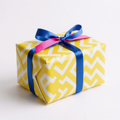 Vibrant, sunny yellow gift packaging with zigzag patterns and a lively ribbon against an isolated white background highlights the dynamic product