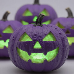 Three glowing green-faced pumpkins in shades of purple