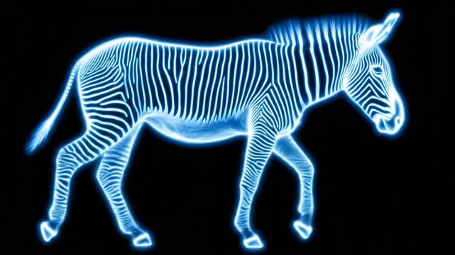 A neon-blue outline of a zebra against a black background. The zebra stands