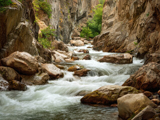 Fast flowing river rushing through rocky canyon surrounded by steep cliffs and lush green vegetation under soft natural daylight