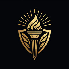 Adobe Illustrator ArtwPremium/luxury logo in the style of a torch shield emblem &mdash; a golden torch with flames and rays of light on a shield with laurel leaves, all in gold on a black background.ork