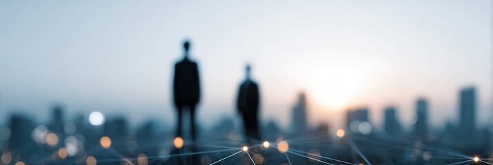 Businessmen silhouetted against city with digital network overlay