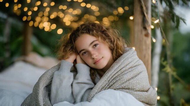 A teenager tucked into a sleeping bag under a backyard canopy of fairy lights, enjoying a cozy DIY camping experience that blends comfort, nostalgia, and outdoor imagination. cinematic color