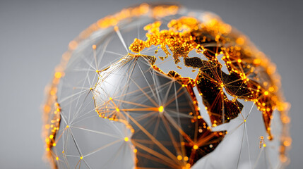 Digital network connections illuminating Europe, Africa, and Middle East on a futuristic globe representing global communication and data exchange across continents