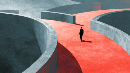 Obraz premium Businessman walking alone at a crossroads inside a maze with contrasting paths representing decision making and strategic choices in a conceptual setting