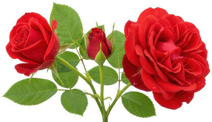 Valentine Three red roses including open blooms and a tight bud with water droplets on green foliage