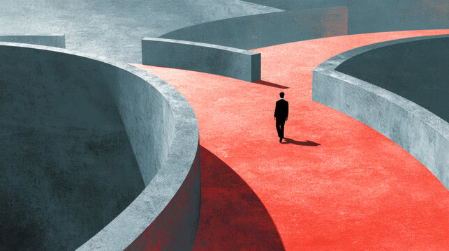 Businessman walking alone at a crossroads inside a maze with contrasting paths representing decision making and strategic choices in a conceptual setting