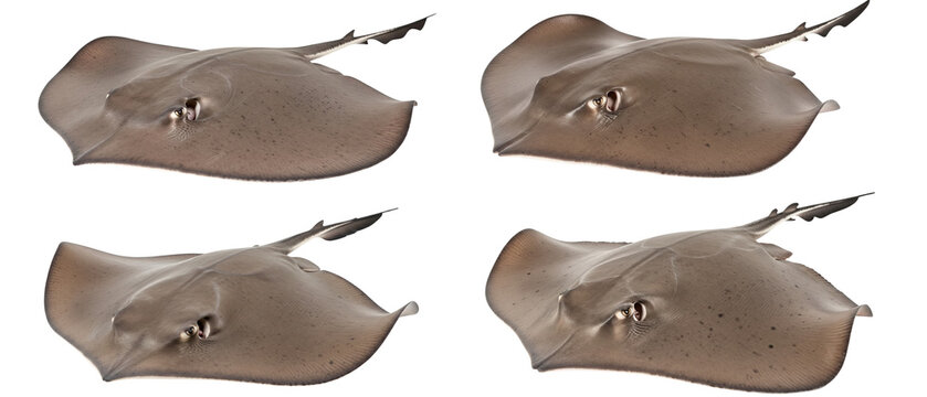 A collection of four brown common stingrays isolated on a white background.