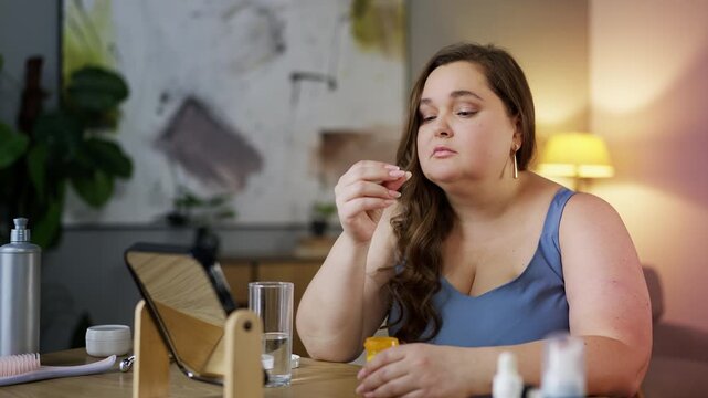 Upset woman taking beauty supplement pill with water while looking in mirror