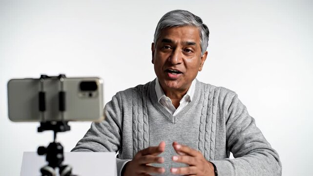 Mature indian man vlogging or podcasting, speaking into a smartphone camera on a tripod, gesturing with his hands and smiling while sitting at a desk isolated on a white background