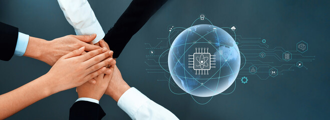 A diverse group of hands coming together symbolizes teamwork and collaboration in the field of technology and artificial intelligence innovation, emphasizing shared goals. Trope