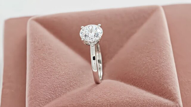 Exquisite diamond solitaire engagement ring crafted from white gold or platinum rotating on a soft pink velvet display, showcasing its brilliant cut stone and classic elegant design