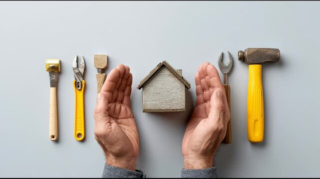 Construction worker carefully protecting wooden house model with hands, surrounded by work tools against gray background, symbolizing real estate investment and home security