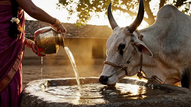 Beautiful scene of a rural indian woman pouring fresh water from a traditional brass pot into a stone trough for her zebu bull, showcasing daily life in a village at golden hour