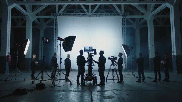 Professional film crew with cameras and lighting equipment working on a movie set. Backstage of a video production in a large industrial studio with a white screen background