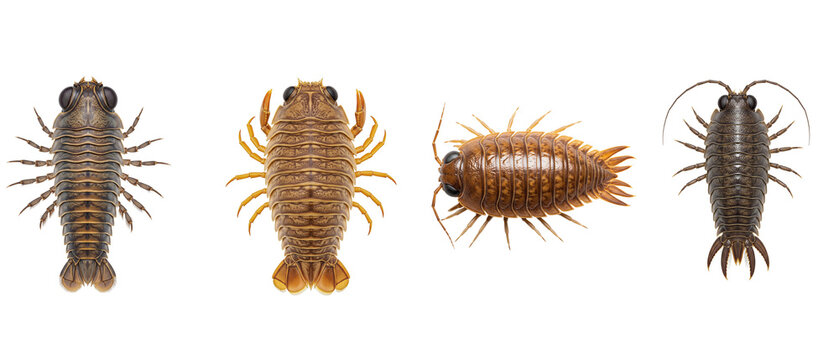 A collection of four different isopod species isolated on a white background.
