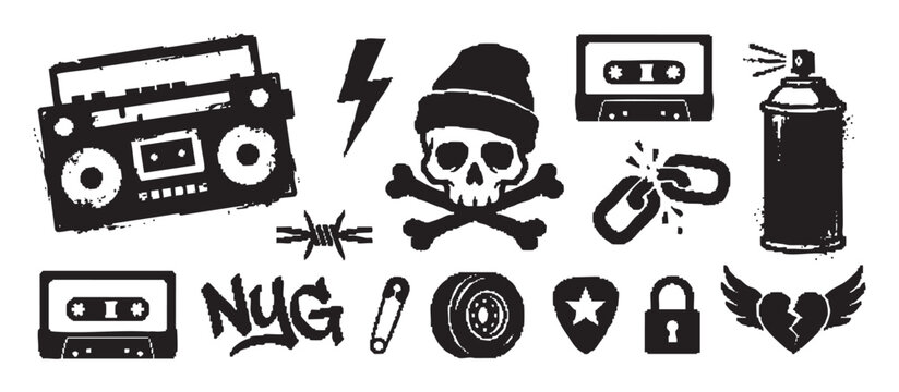 Set of black grunge punk rock symbols including a skull, boombox, spray can, and cassette tape in a distressed stencil style for urban culture and music themes