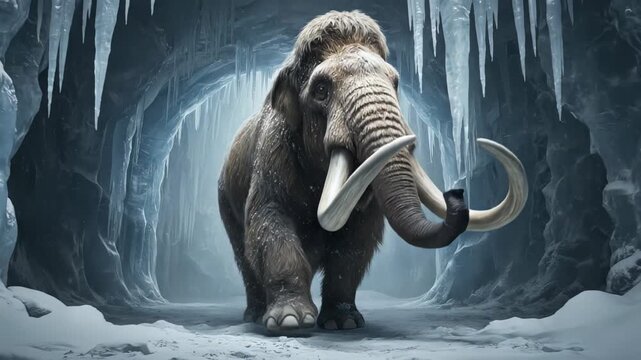 Prehistoric woolly mammoth with large tusks walking through a frozen ice cave during the ice age. This extinct mammal from the pleistocene era is exploring a cold, snowy, and icy environment