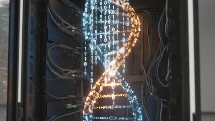 Futuristic server rack storing digital information in a dna helix structure, representing advances in bioinformatics, data science, and genetic information technology inside a modern data center - Powered by Adobe