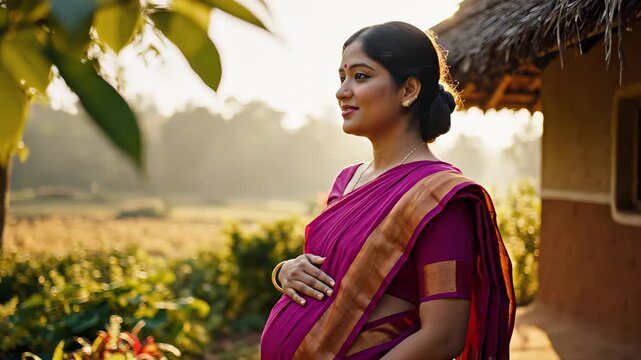 Beautiful pregnant indian woman in a traditional sari gently stroking her baby bump while standing outdoors in a rural village at sunrise, symbolizing motherhood, new life, and anticipation