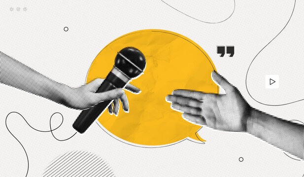Trendy Halftone Collage Hand holding microphone for interview. Social reportage. Journalist and press. Daily news. Yellow speech bubble message. Metaphor artwork. Contemporary vector illustration art