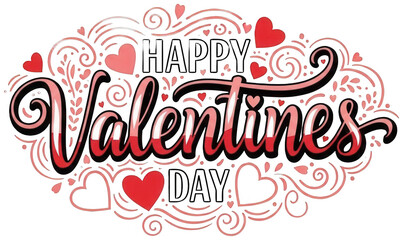 Valentine Happy Valentines Day black and pink lettering with ornate swirls and hearts on transparent background
