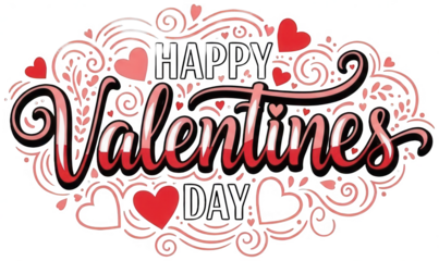 Valentine Happy Valentines Day black and pink lettering with ornate swirls and hearts on transparent background