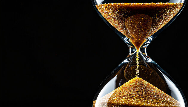 Minimalist glass hourglass on black backdrop, detailed sand texture, time concept.