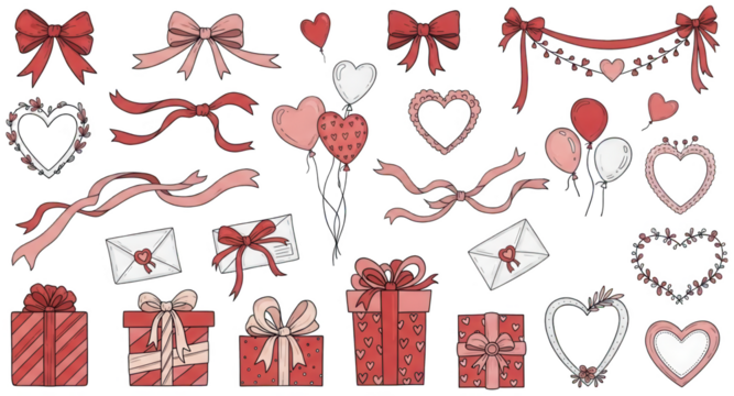 Valentine Valentine day hand drawn vector elements set including ribbons bows heart frames and gift boxes on transparent background - Powered by Adobe