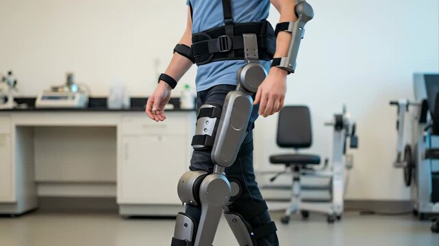 Patient using an advanced full body exoskeleton suit for rehabilitation, learning to walk again with the help of futuristic robotic technology in a modern medical science laboratory