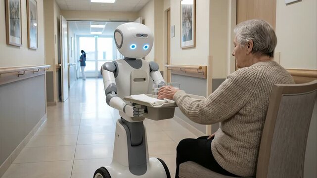 Futuristic autonomous caregiver robot bringing a glass of water on a tray to an elderly woman sitting in a nursing home hallway, showcasing innovative technology in healthcare assistance