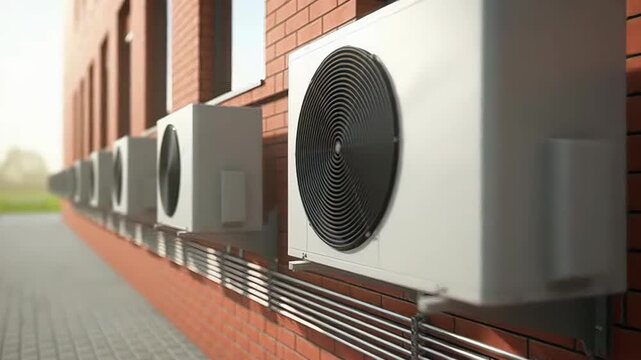 Row of outdoor air conditioner units with spinning fans mounted on a red brick building wall, providing heating, ventilation, and air conditioning for the entire modern apartment complex