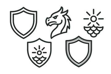 Fototapeta premium Dragon Shield Icons. Line style icons of Dragon Shield Valor: shield outline, dragon head, valor flare, scale hint, rim curve,