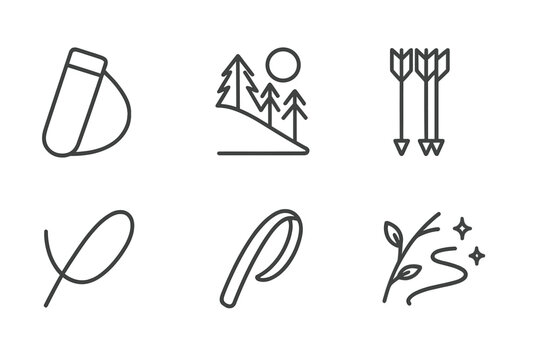 Huntpath Quiver Icons. Line style icons of Huntpath Quiver Scene: slim quiver, forest slope, arrow set, strap sweep, twig hint,