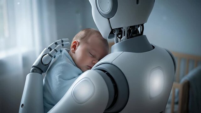 Futuristic android holding a swaddled newborn baby in a nursery. The robotic nanny gently cuddles the sleeping infant, showcasing a tender moment of artificial intelligence caring for human life