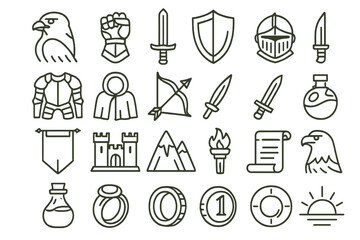 Obraz premium Medieval Icons Collection. Line style icons of medieval gear: Falcon, Gauntlet, Sword, Shield, Helmet, Armor, Cloak, Bow, Arrow,