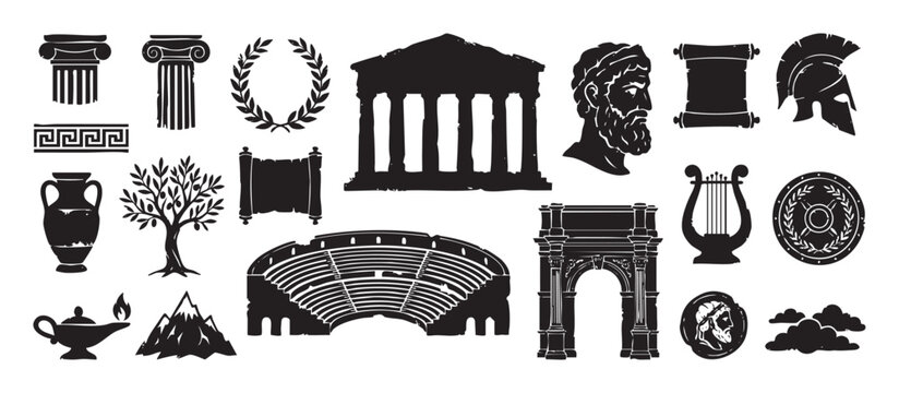 Ancient Greek and Roman historical icon set with black grunge silhouettes of a temple, arch, column, vase, lyre, wreath, and helmet from classical antiquity