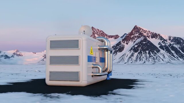 Future mobile nuclear power plant generating electricity in a remote arctic location, showcasing innovative, clean, and sustainable energy production technology amidst snowy mountains at sunset